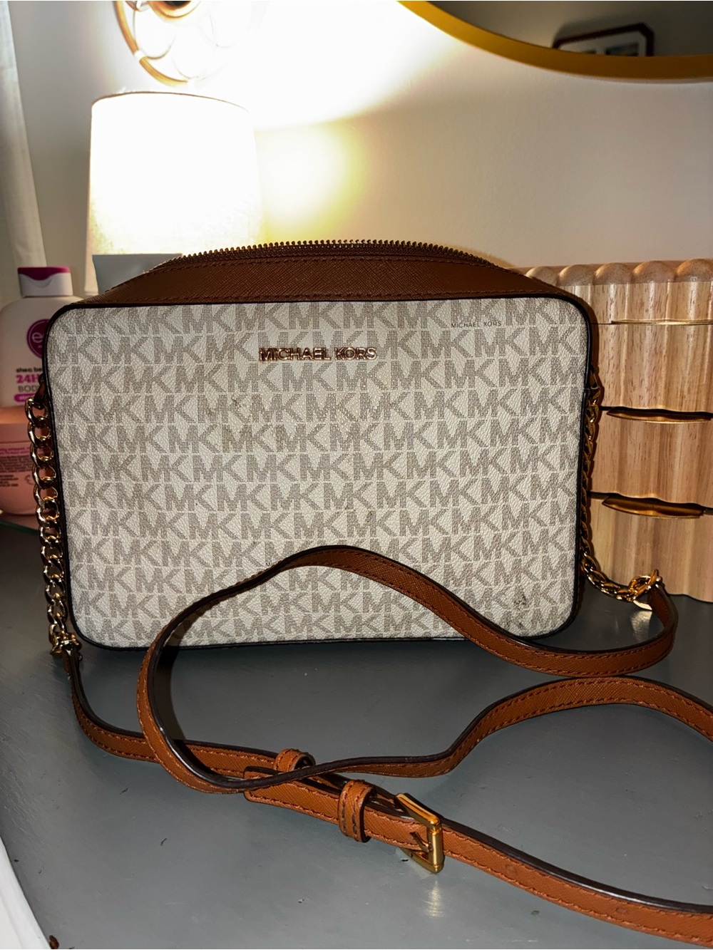 Michael Kors Beige/Acorn Signature MK Crossbody Bag